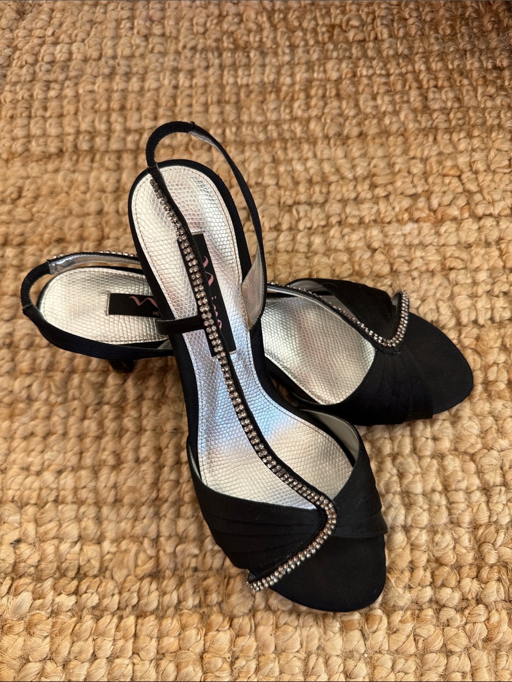 Nina Black Satin Rhinestone Slingback Heels